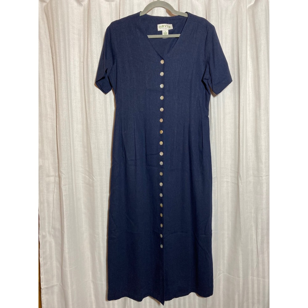 Coastal Minimalist Navy Blue Linen Blend‎ Button Front Maxi Dress Orvis Womens 6